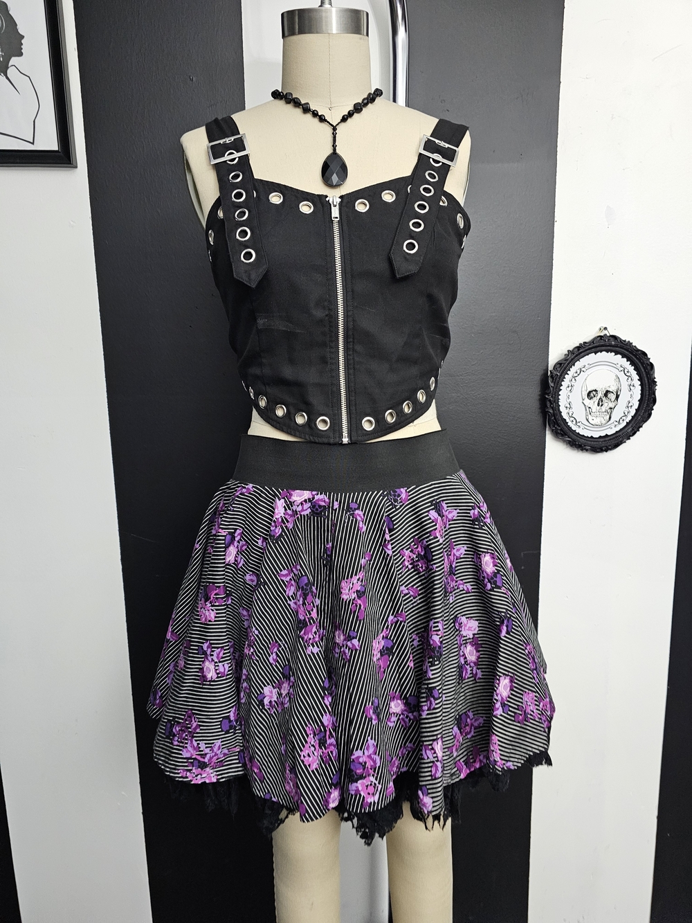 Hell Bunny Black & Purple Floral Stripe Skater Skirt